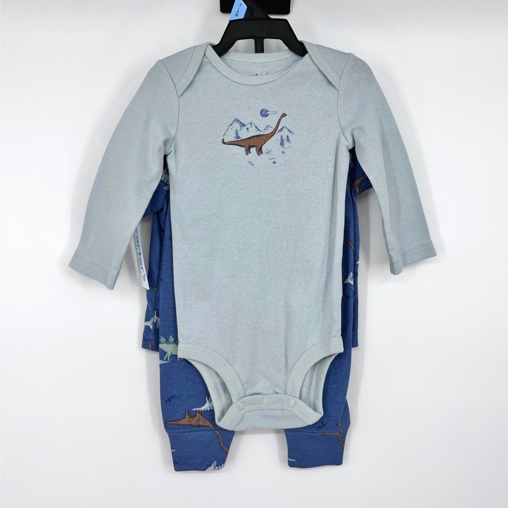 Carter's Outfit 3pc Set Kids 3-6M Blue Dinosaur Bodysuit Henley Pants‎ NEW